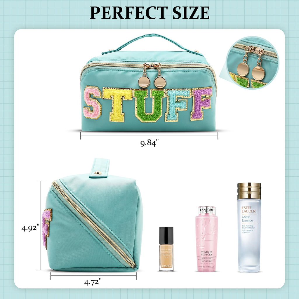 LONEDREAM Stoney Clover Preppy Makeup Bag, Large Capacity Travel Cosmetic Bag, Chenille Letter Open Flat Nylon Bag, Mint