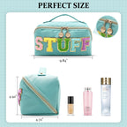 LONEDREAM Stoney Clover Preppy Makeup Bag, Large Capacity Travel Cosmetic Bag, Chenille Letter Open Flat Nylon Bag, Mint