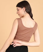 POPWINGS Women Casual Rust Self Design Rib Deep V Neck Sleeveless Cutout Crop Top