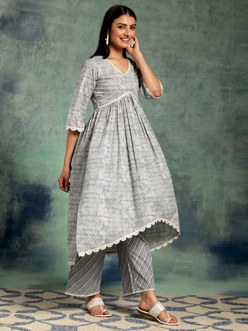 Libas Womens Printed Cotton A-Line Kurta With Palazzos And Dupatta