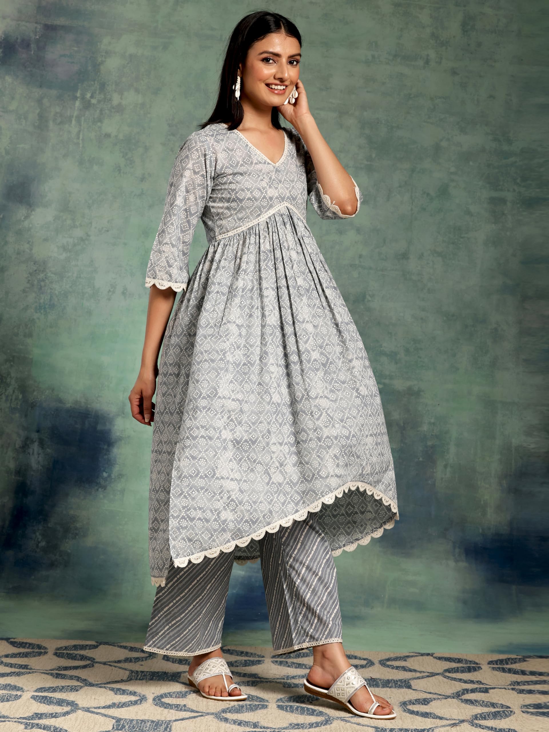 Libas Womens Printed Cotton A-Line Kurta With Palazzos And Dupatta