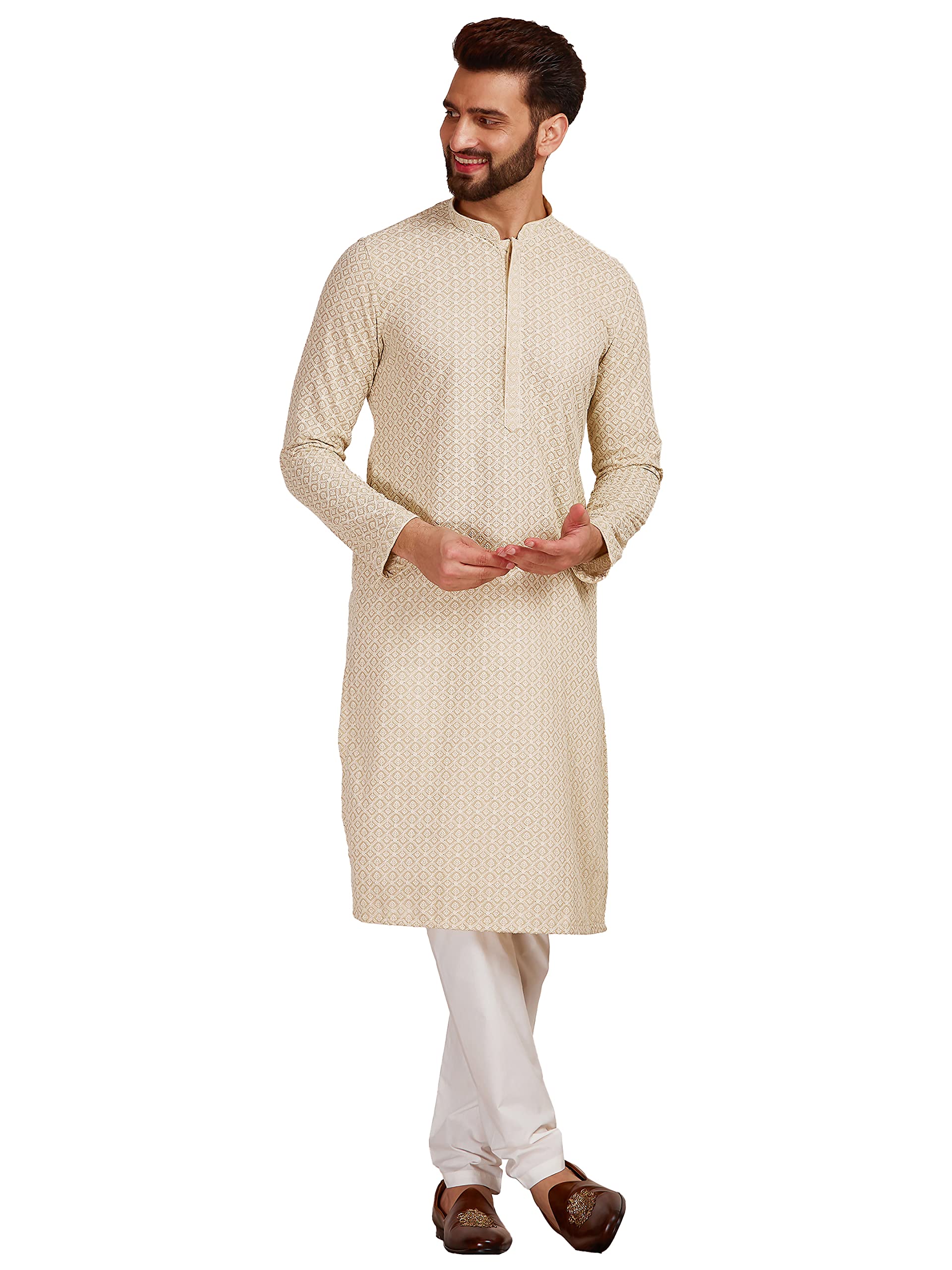 Manyavar Beige Blended Cotton Full Sleeve Kurta Set | Traditional Kurta Set For Men (Xxl)