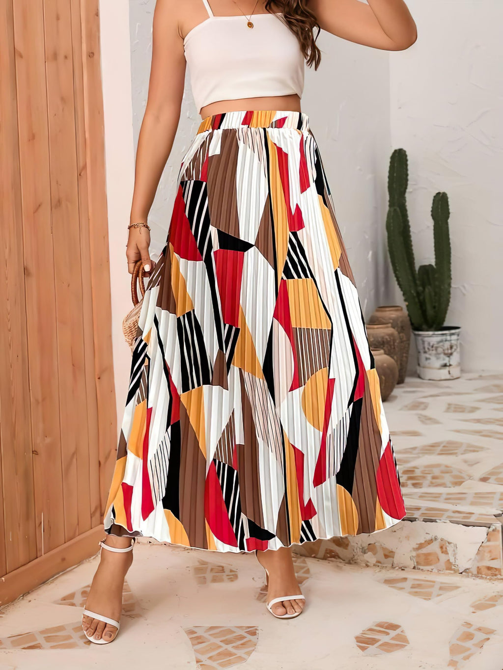 Kzully Polyester | WomenS Long Skirt High Waist Print Pleated Maxi Skirt Regular Fit Casual Long Skirt White-Red