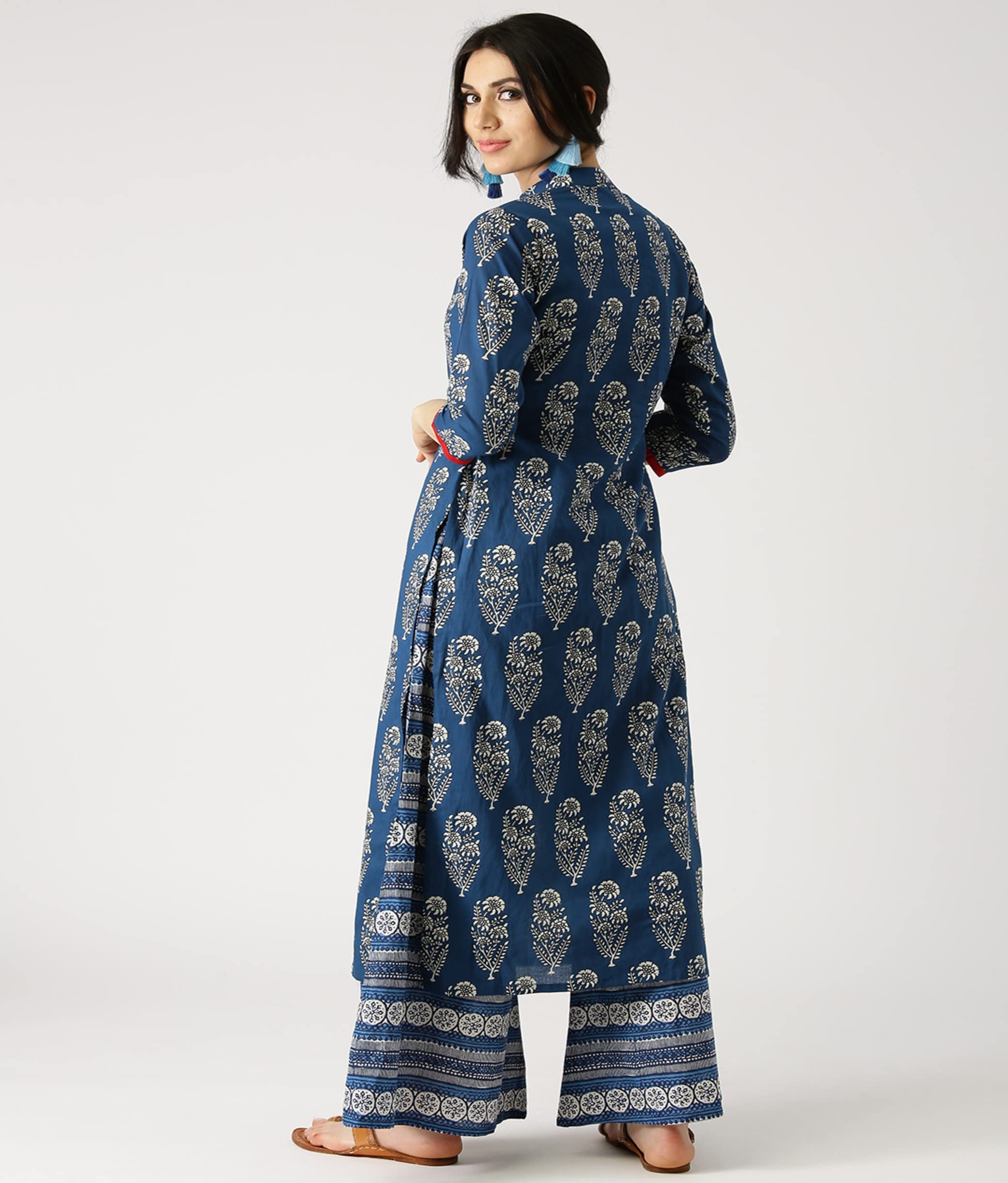 Anni Designer Women'S Cotton Blend Straight Printed Kurta With Palazzo (Firki Blue_S_Blue_Small)