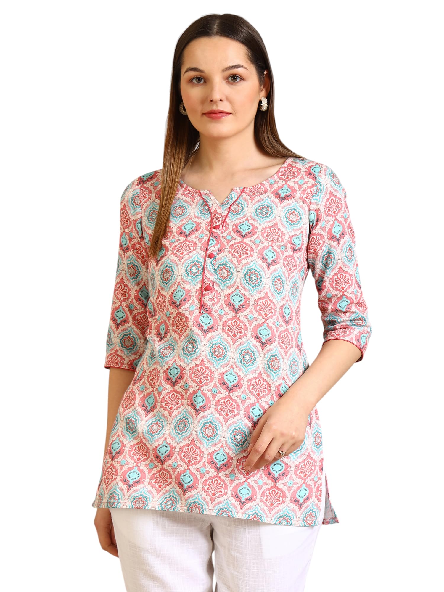 Aurelia Women'S Pink Abstract Printed Pure Cotton Straight Kurta (Size: L)-A30553-507438