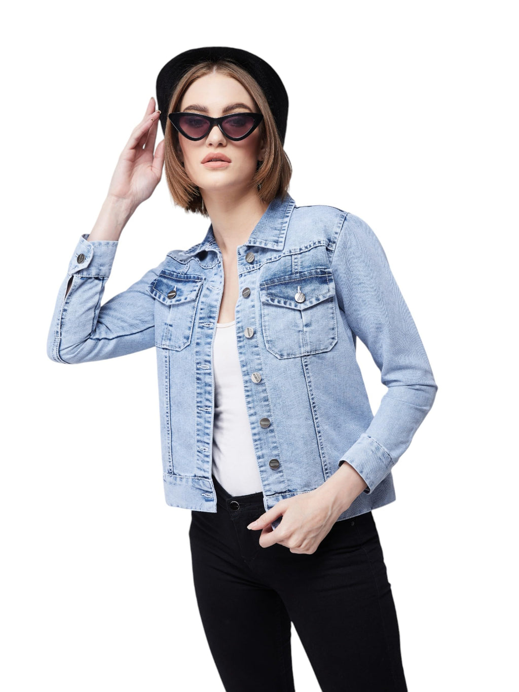 Miss Chase WomenS Collared Full Sleeves Solid Buttoned Denim Jacket (Mcaw24Den82-12-158-06, Light Blue, Xl)