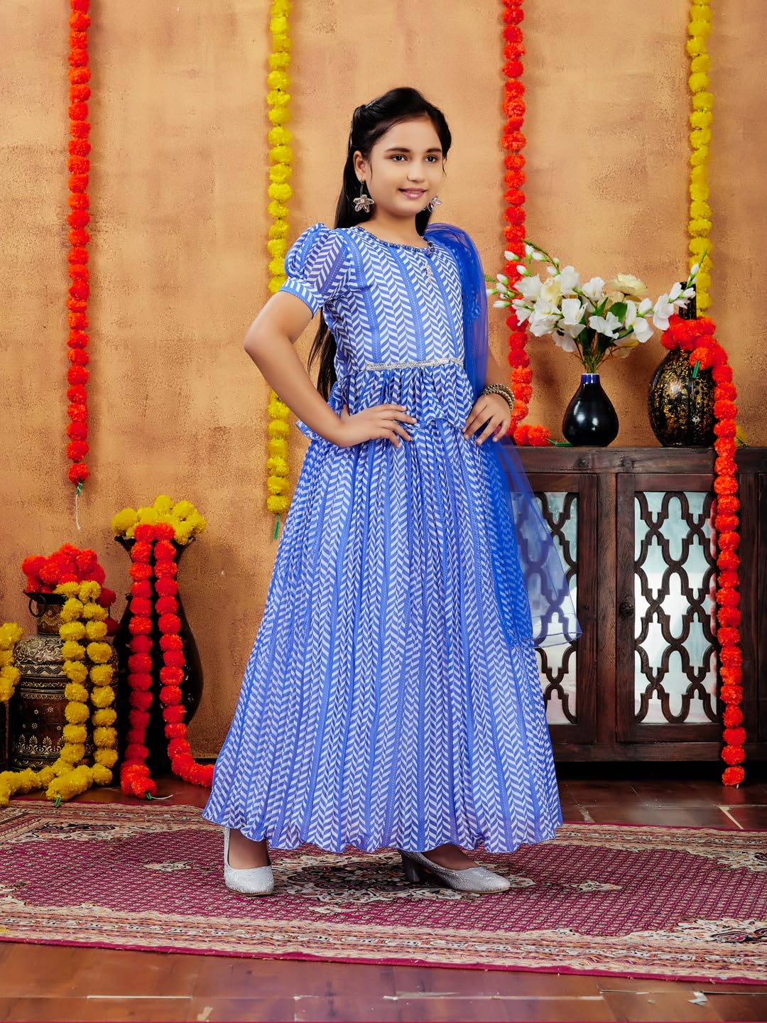 Aarika Girls Ethnic Wear Blue Colour Zig Zag Printed Georgette Lehenga Choli Set (4-10 Years)