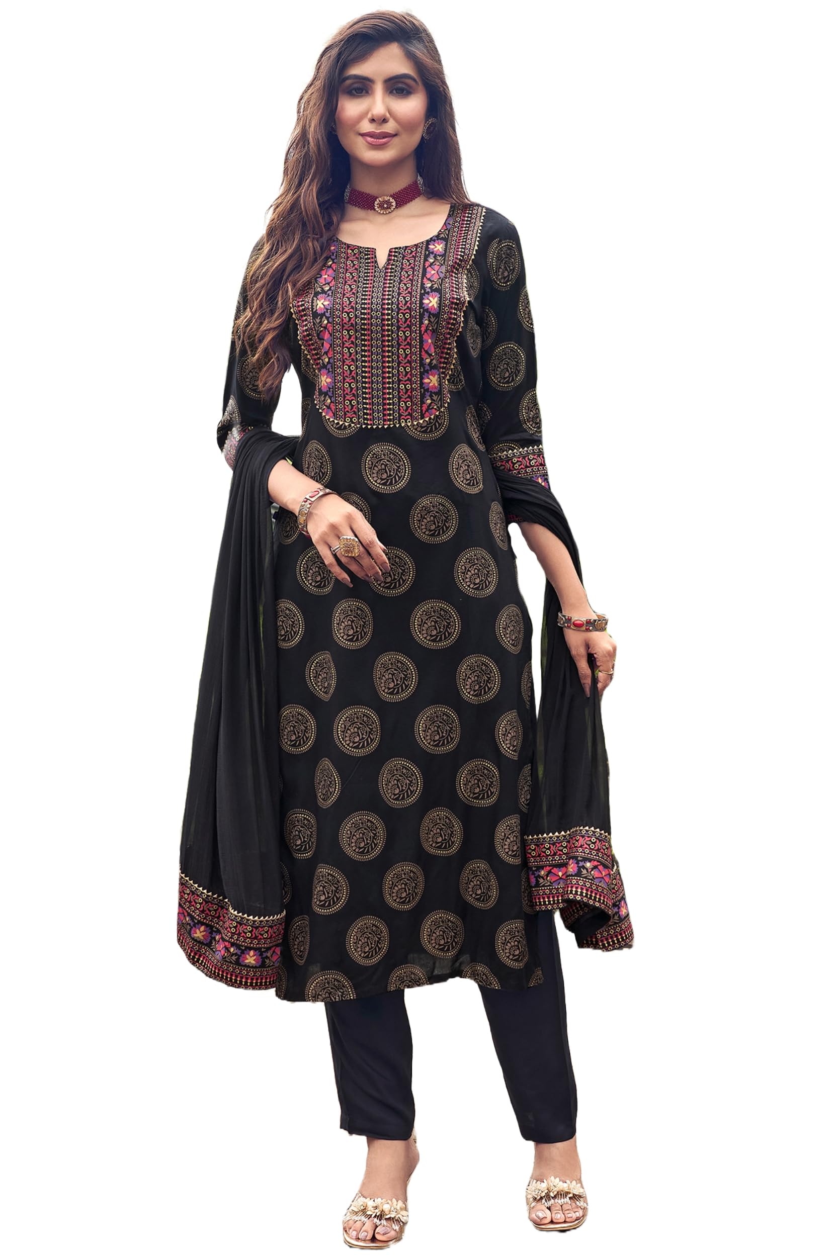 ANNI DESIGNER Womens Cotton Blend Printed Straight Kurta with Pant & Dupatta (NOV-Black-NRB_5XL_Black_XXXXX-Large)
