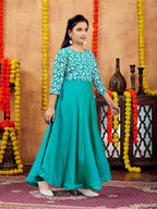 Aarika Girls Turquoise Colour Chicken Embroidery Silk Gown (3-9 Years)