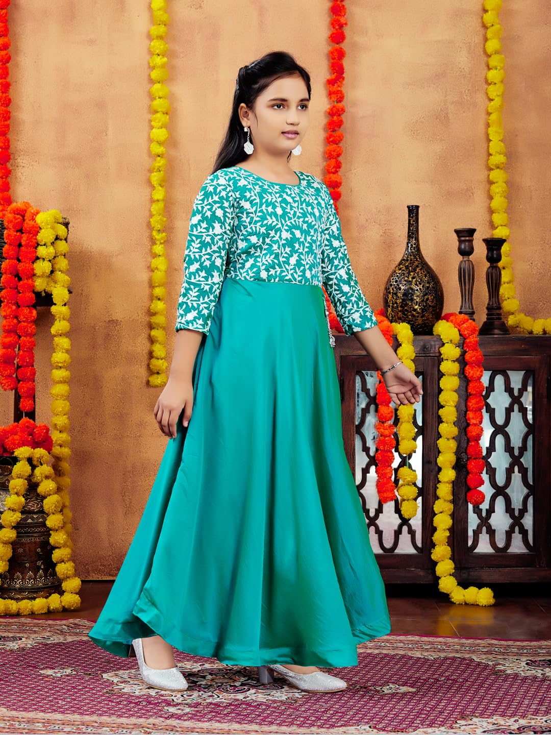Aarika Girls Turquoise Colour Chicken Embroidery Silk Gown (3-9 Years)