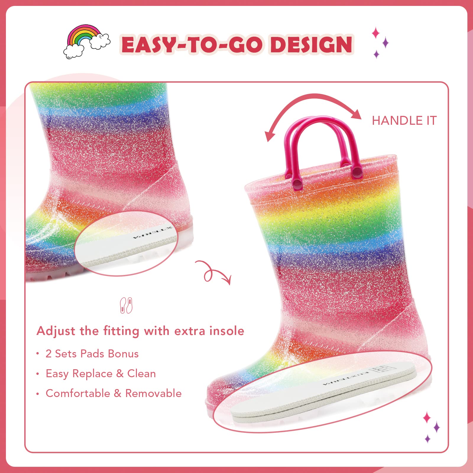 EUXTERPA Toddler-Kids Waterproof Light Up Rain Boots Patterns and Glitter Boots with Handles for Girls Toddler Size 9 Rainbow