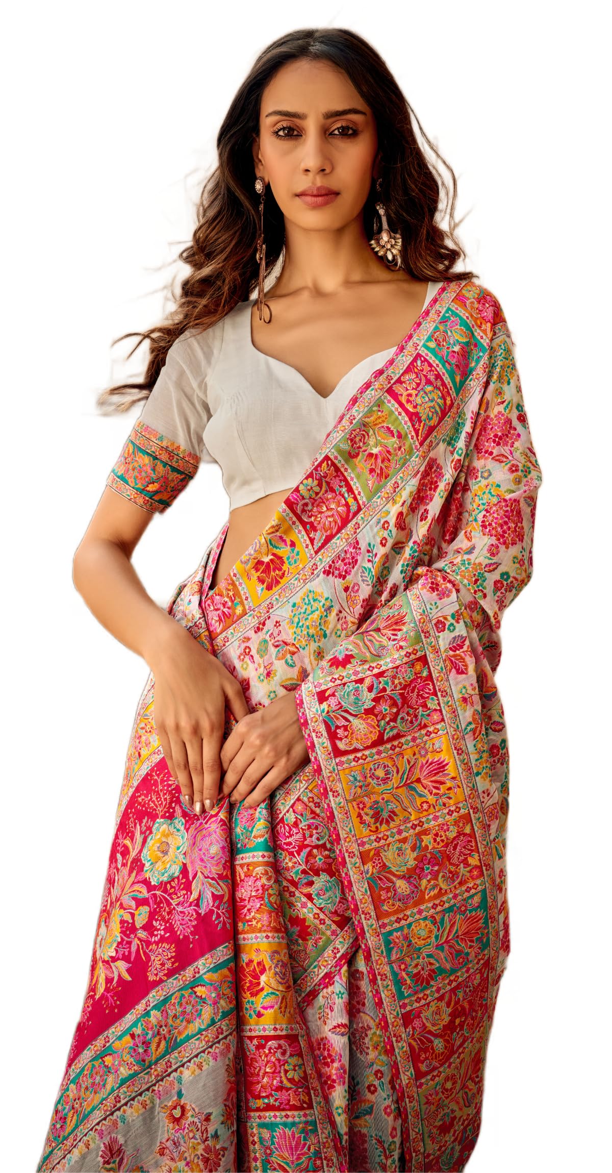 MADHUHANSH Womens Kasamiri Cotton Patola Letest Designer Saree with Unstitched Blouse With Boluse Piece (WHITE)