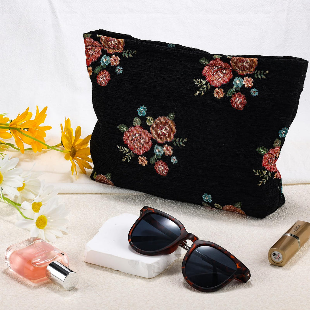 ZLFSRQ Makeup Bag Travel Cute Black Vintage Flower Floral Cosmetic Bags for Women Large Embroidery Toiletry Pouch Zipper Cosmeti