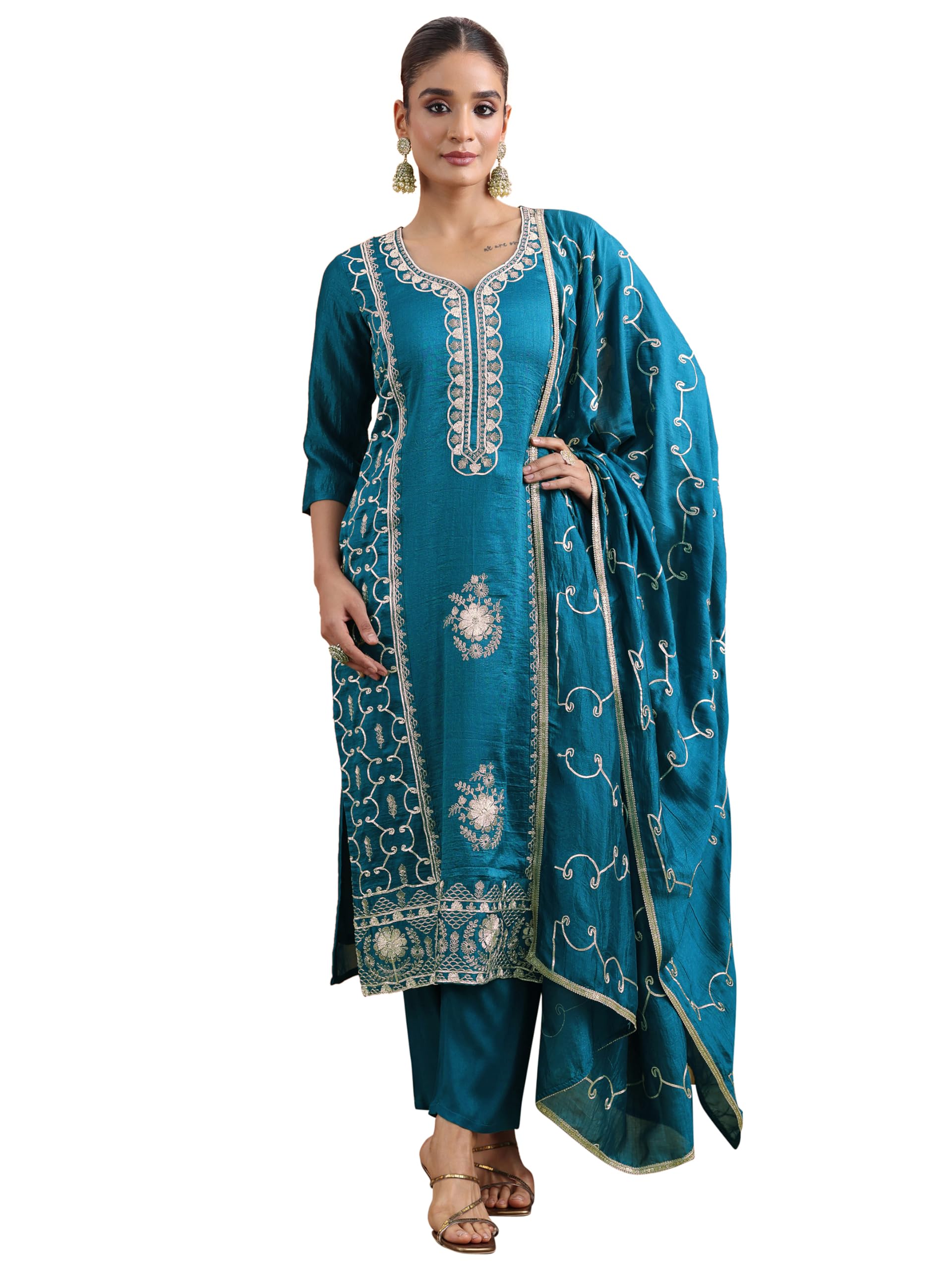 Libas Womens Embellished Chinon Straight Kurta With Trousers and Dupatta