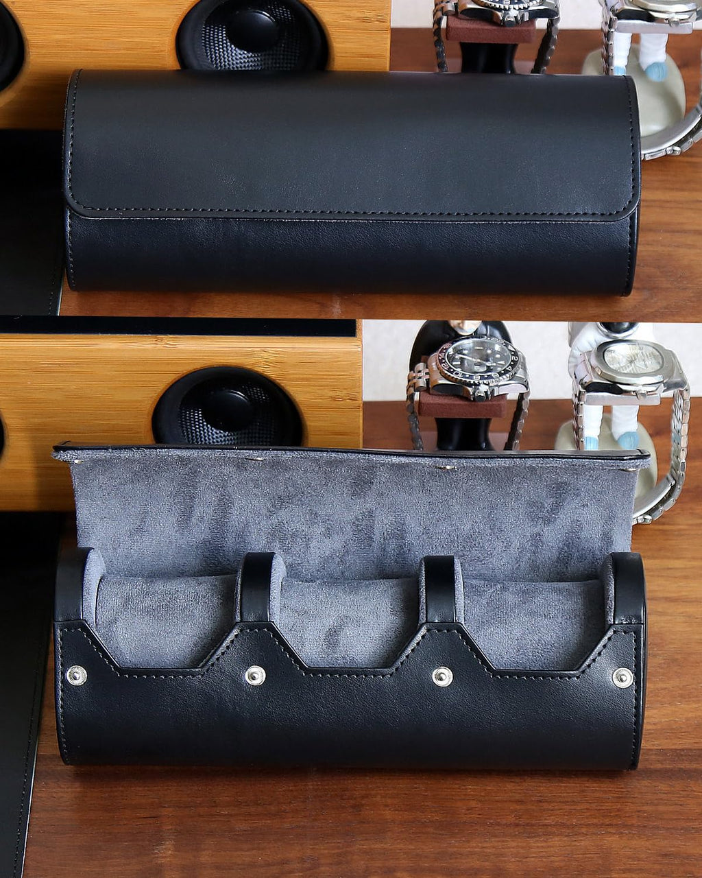 Besforu watch box organizer for mens watch case travel roll Portable 3 Watch Display Storage with Velvet Sections to Holder Larg