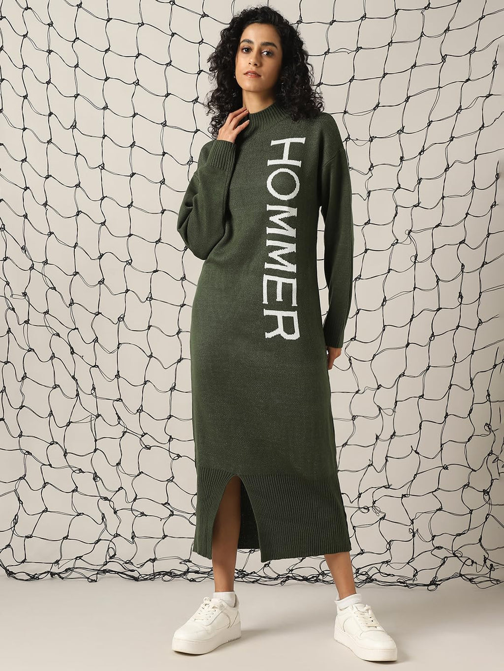 Hubberholme Women Acrylic Knitted Loose Fit High Neck Full Sleeves Bodycon Dresses Olive