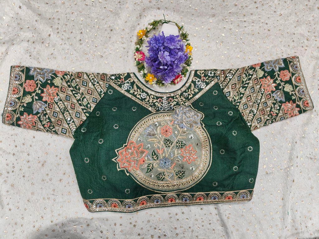 Pujia Mills WomenS Ethnic Wear Golden Codding With Multi Embroidery Sequence Work Sweetheart Neck Half Sleeve Readymade Bridal