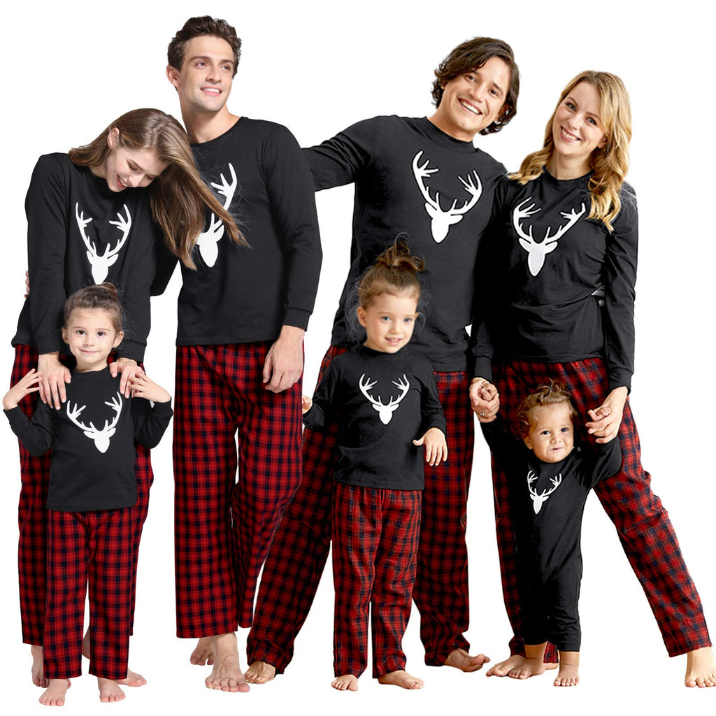 IFFEI Matching Family Pajamas Sets Christmas PJ's with Deer Long Sleeve Tee and Plaid Pants Loungewear 8-9 Years Black
