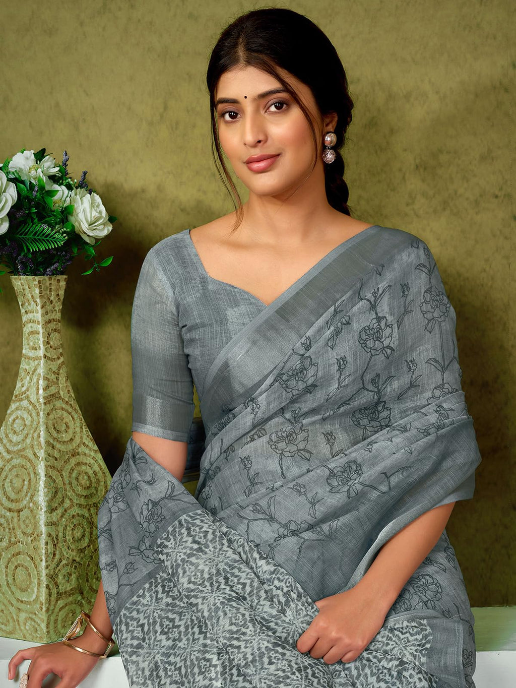 Satrani Womens Linen Printed & Zari Border Ready To Wear One Minute Pre Pleated Readymade Saree with Unstitched Blouse Piece (3