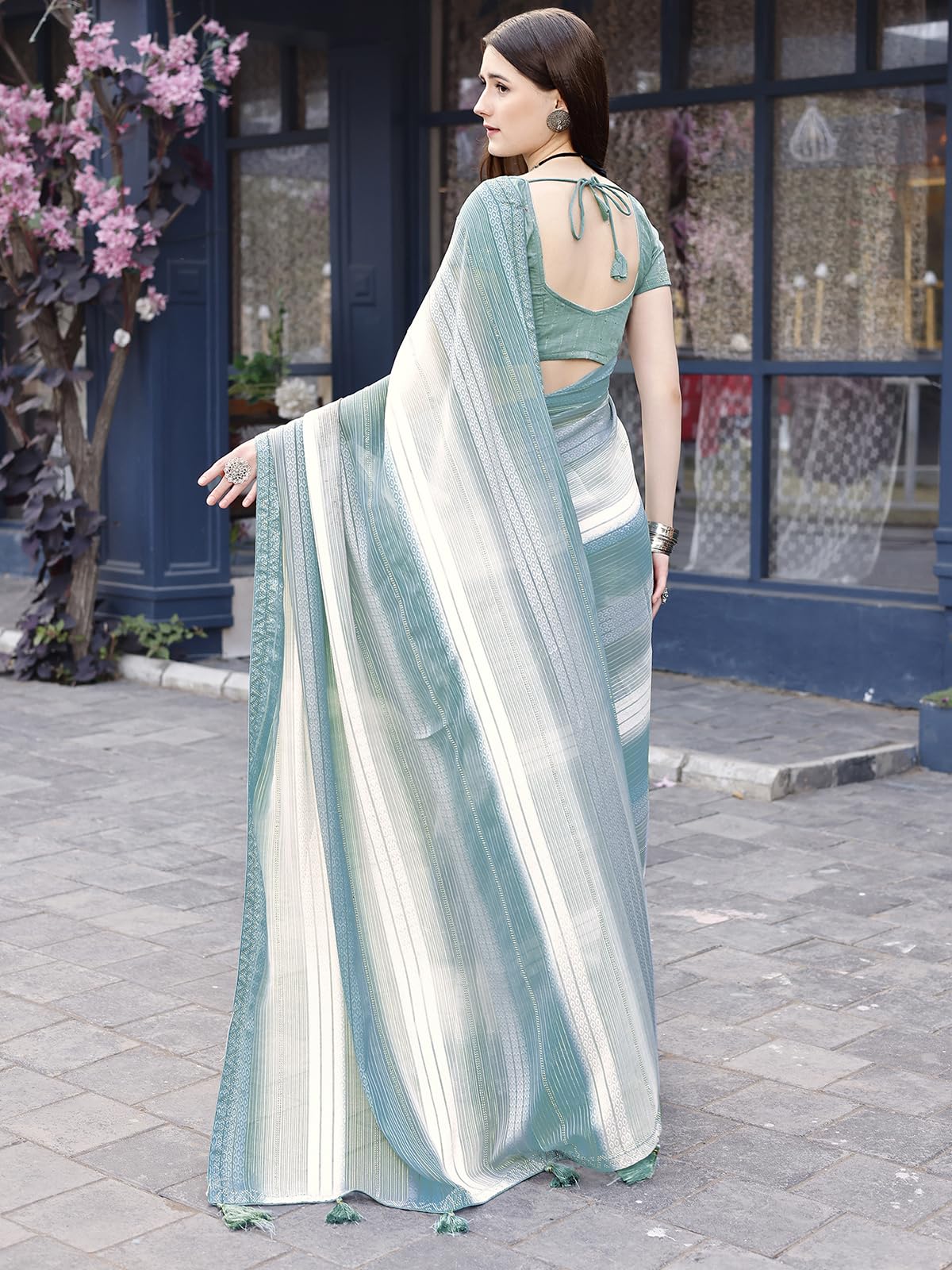 Satrani Womens Weightless Georgette Woven Zari Hot Fixing Printed Saree with Unstitched Blouse Piece