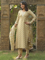 ANNI DESIGNER Women s Anarkali Rayon Blend Printed with Trousers and Dupatta, Mehandi, XXL