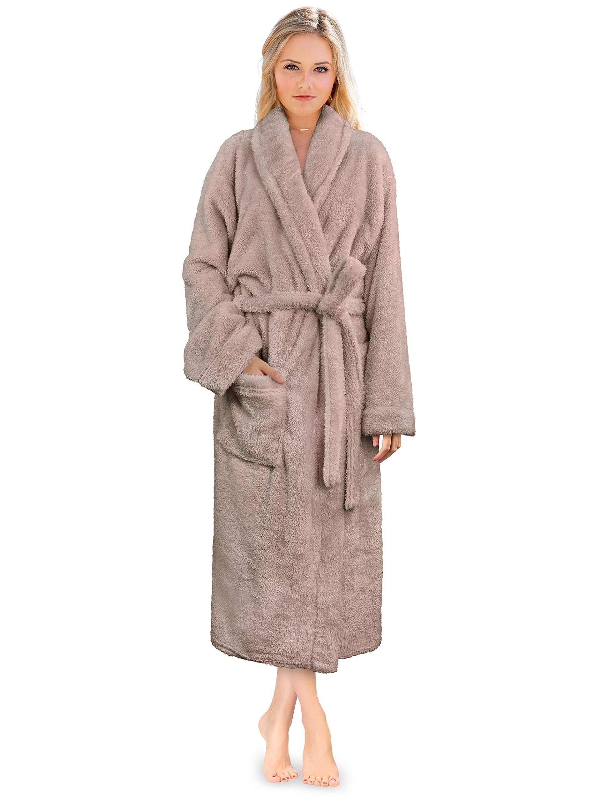 PAVILIA Premium Womens Plush Soft Robe Fluffy, Warm, Fleece Sherpa Shaggy Bathrobe (L/XL, Taupe)