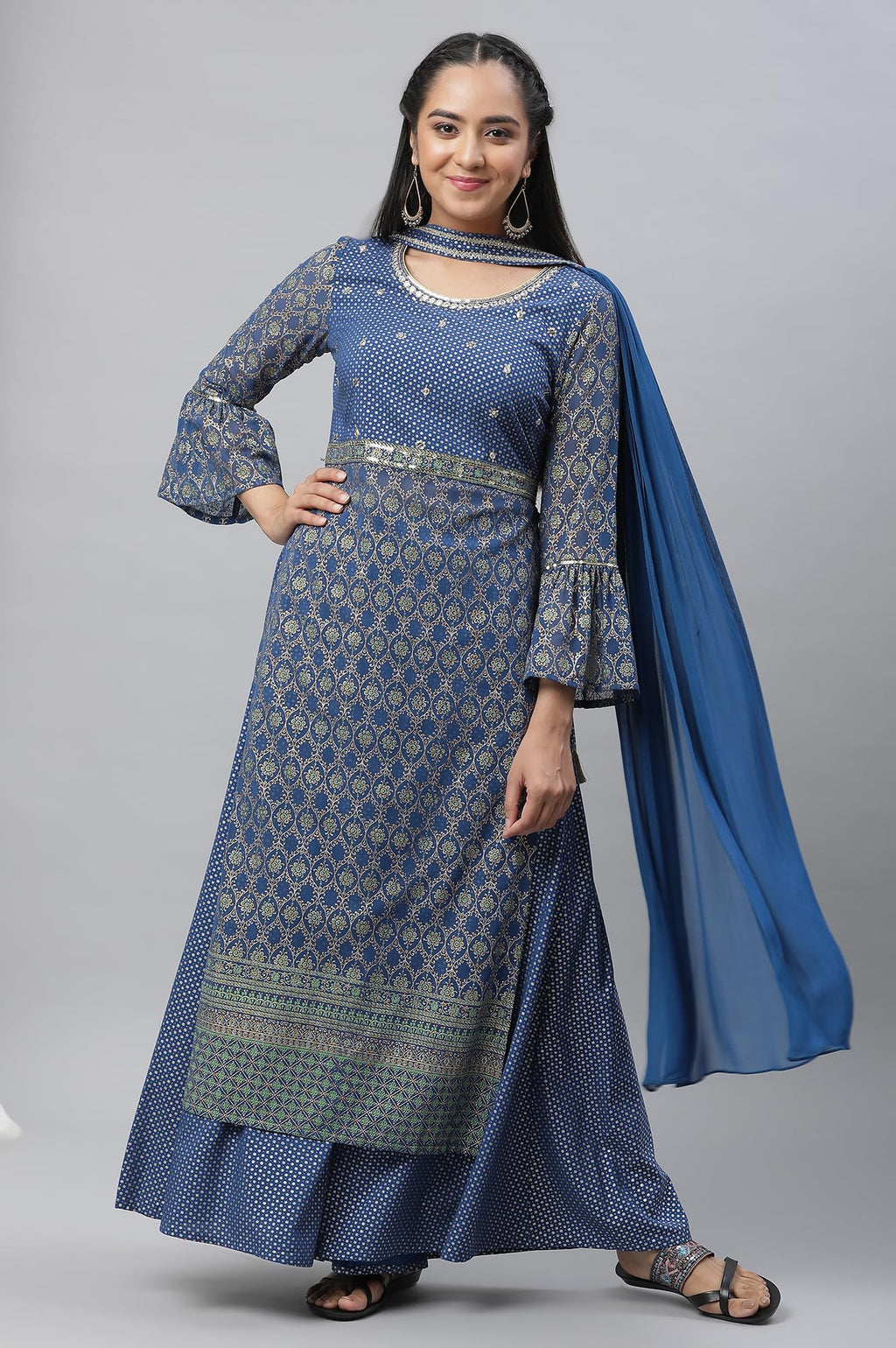 Aurelia Women Bright Blue Polyester Straight Kurta, Palazzos, Dupatta Suit Set_23Auas13830-507590
