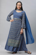 Aurelia Women Bright Blue Polyester Straight Kurta, Palazzos, Dupatta Suit Set_23Auas13830-507590