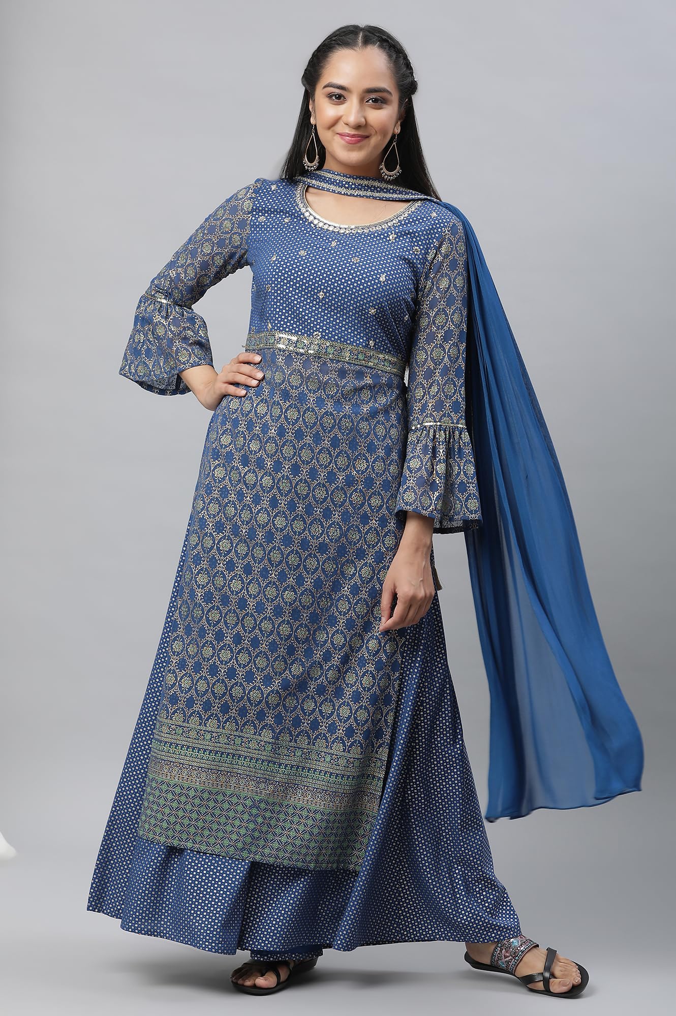 Aurelia Women Bright Blue Polyester Straight Kurta, Palazzos, Dupatta Suit Set_23Auas13830-507590