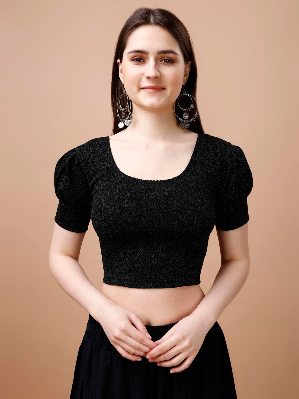 Pujia Mills Womens Readymade Shining Lycra Stretchable Round Neck Half Puff Sleeve Blouses Lycra Stretchable Black Color Blouse