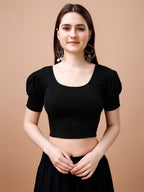 Pujia Mills Womens Readymade Shining Lycra Stretchable Round Neck Half Puff Sleeve Blouses Lycra Stretchable Black Color Blouse