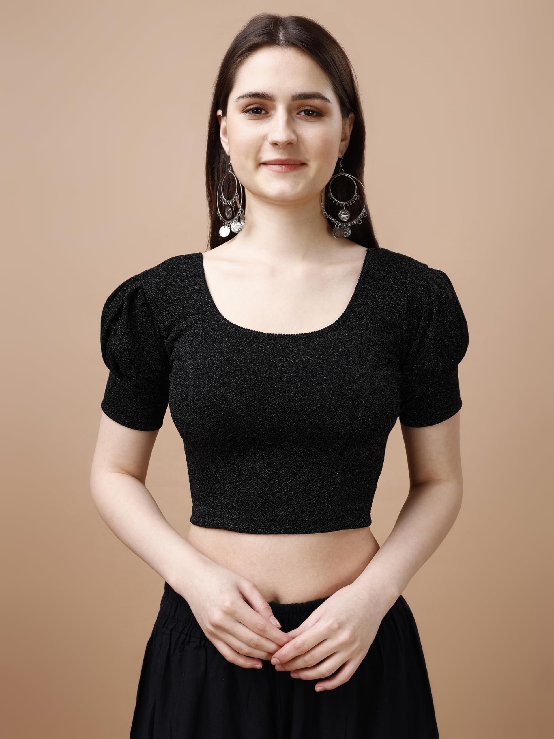 Pujia Mills Womens Readymade Shining Lycra Stretchable Round Neck Half Puff Sleeve Blouses Lycra Stretchable Black Color Blouse