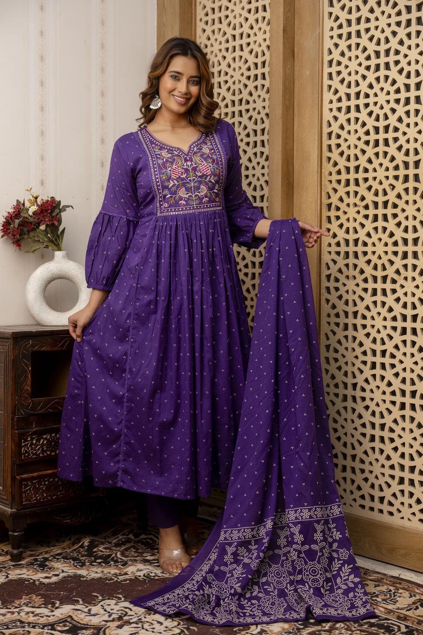 ANNI DESIGNER Womens Rayon Viscose Embroidered Anarkali Kurta with Pant & Dupatta (Kanota Blue-VKS03_XXL_Blue_XX-Large)