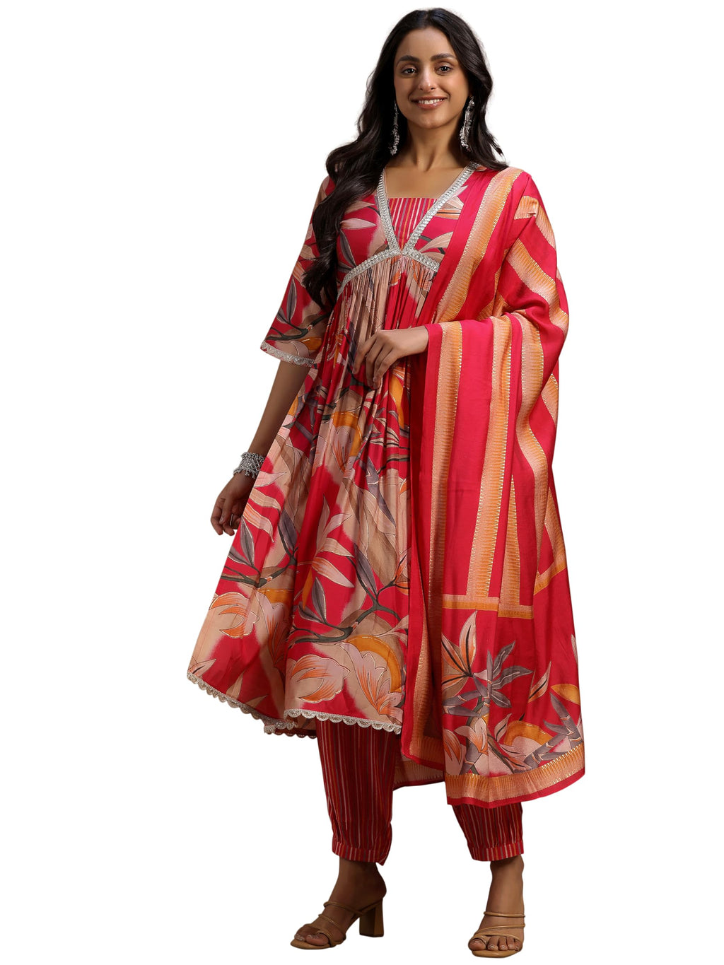 Libas Womens Printed Silk Blend A-Line Kurta With Salwar And Dupatta