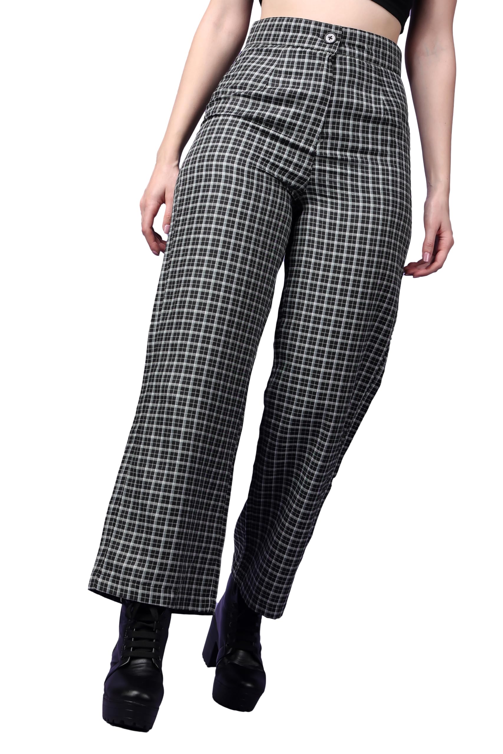 POPWINGS Casual Check Print Button and Zip Closure Trouser for Women | Western Wide-Leg Trouser for Women | Summer Trousers for 