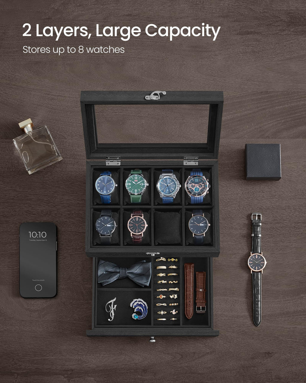 SONGMICS 8-Slot Watch Box, 2-Tier Display Case With Large Glass Lid, Removable Pillows, Velvet Lining, Jewelry Box, Gift Idea, I