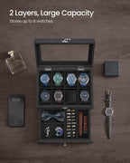 SONGMICS 8-Slot Watch Box, 2-Tier Display Case With Large Glass Lid, Removable Pillows, Velvet Lining, Jewelry Box, Gift Idea, I