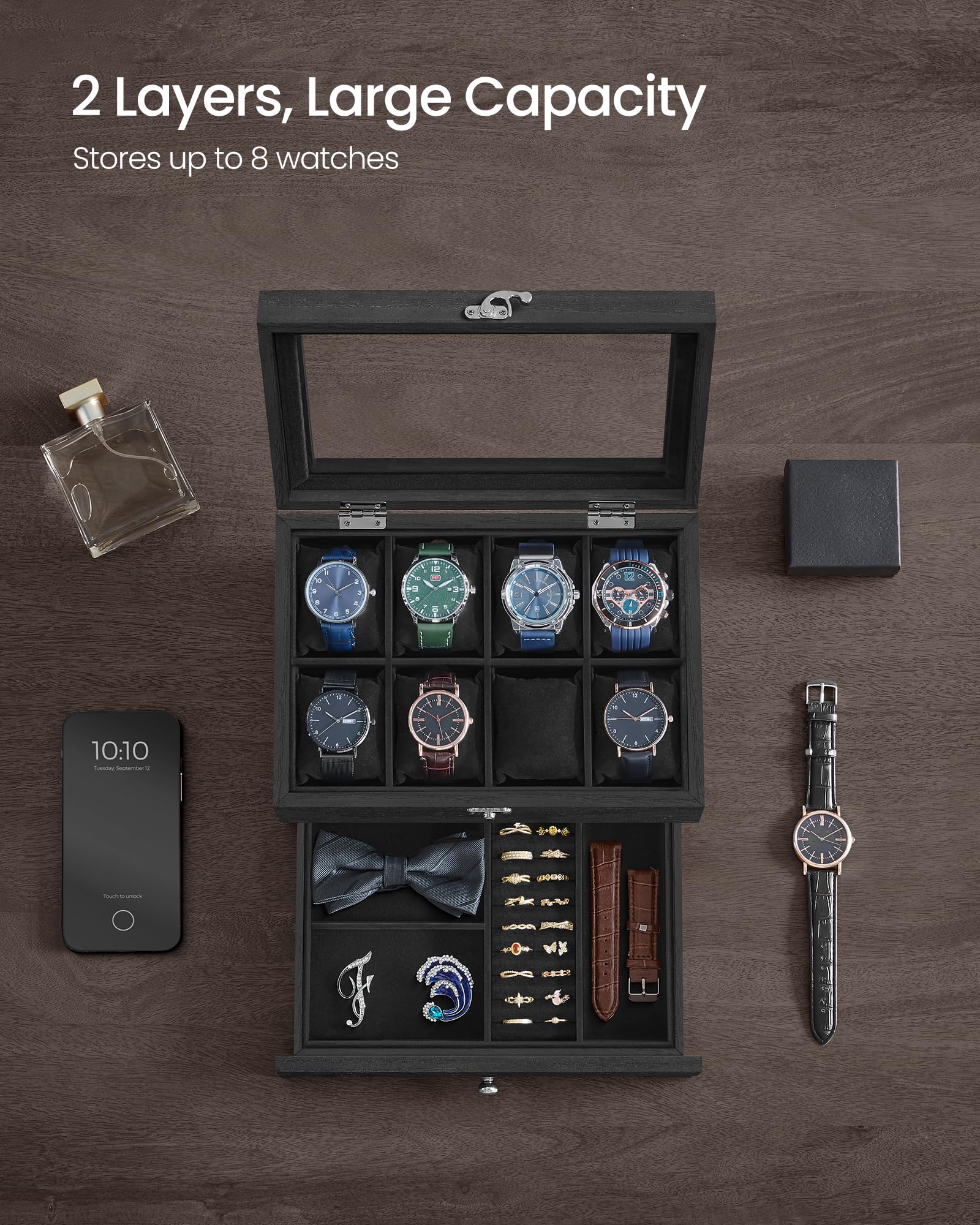 SONGMICS 8-Slot Watch Box, 2-Tier Display Case With Large Glass Lid, Removable Pillows, Velvet Lining, Jewelry Box, Gift Idea, I