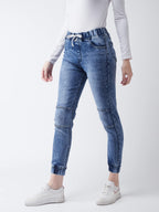 Miss Chase WomenS Blue Relaxed Fit Mid Rise Regular Length Denim Stretchable Jogger Pants With Drawstring Closure (Mcss20Den99-