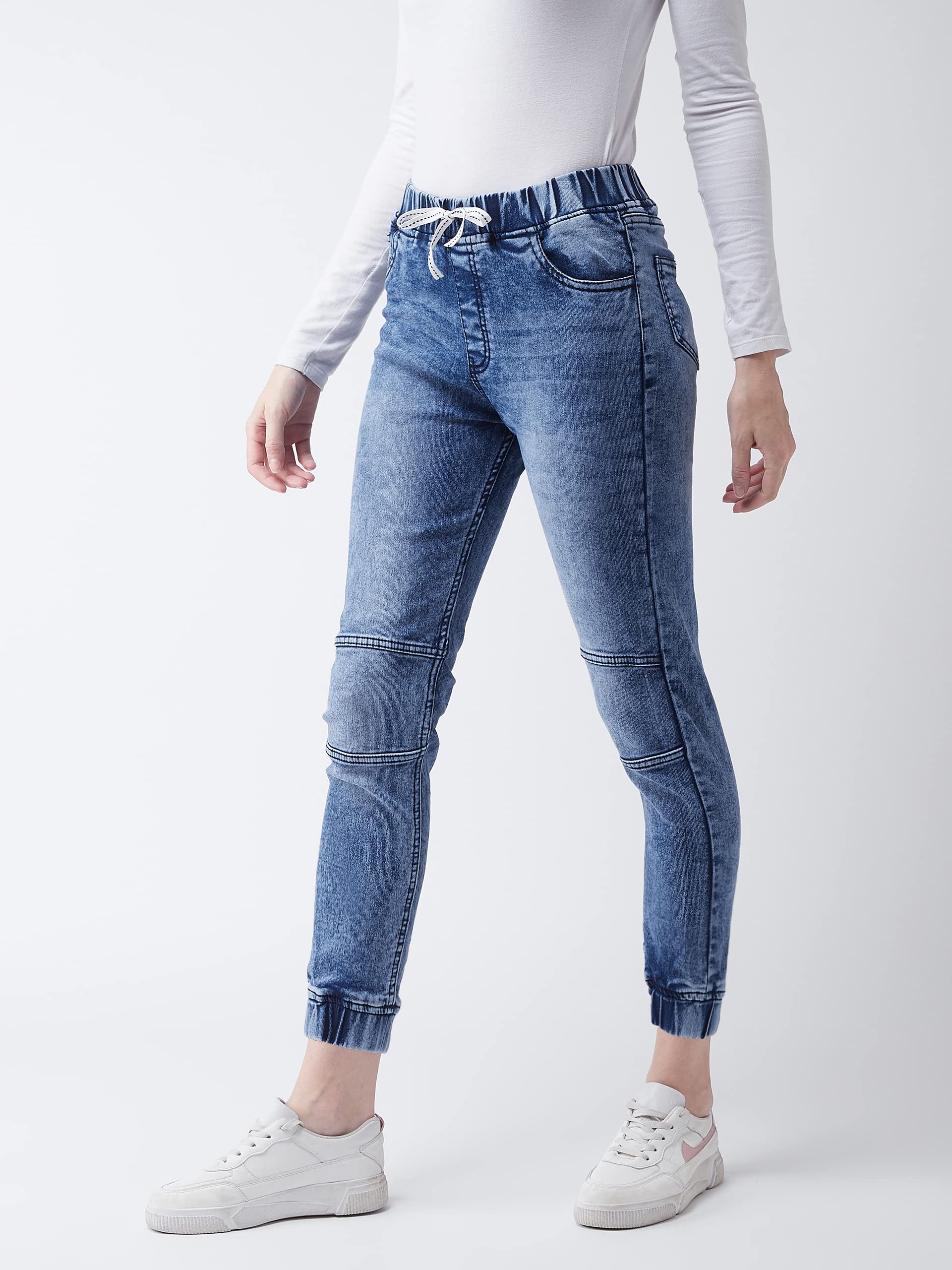 Miss Chase WomenS Blue Relaxed Fit Mid Rise Regular Length Denim Stretchable Jogger Pants With Drawstring Closure (Mcss20Den99-