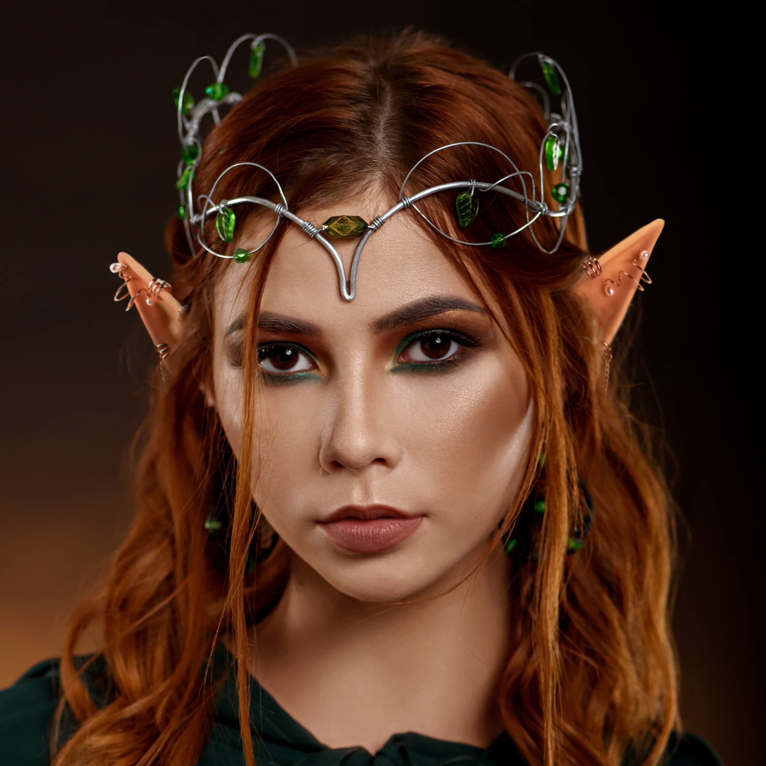 FRESHME Elf Ears with Piercings Earring Cuffs Set - Cosplay Fairy Pixie Ears with Pearl Earrings Chain Set, Non-Piercing Cartila