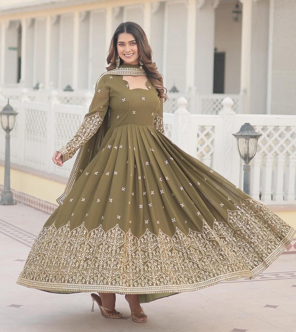 Fashion Basket Goergette Kurta With Duptta Olive