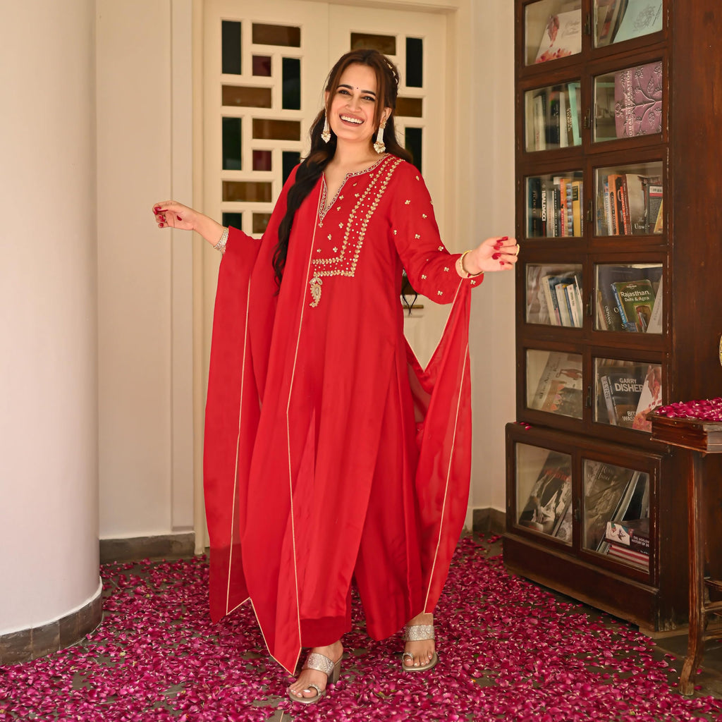 ANNI DESIGNER Womens Rayon Blend Straight Embroidered Kurta with Pant & Dupatta (SIMMU RED_M_Red_Medium)