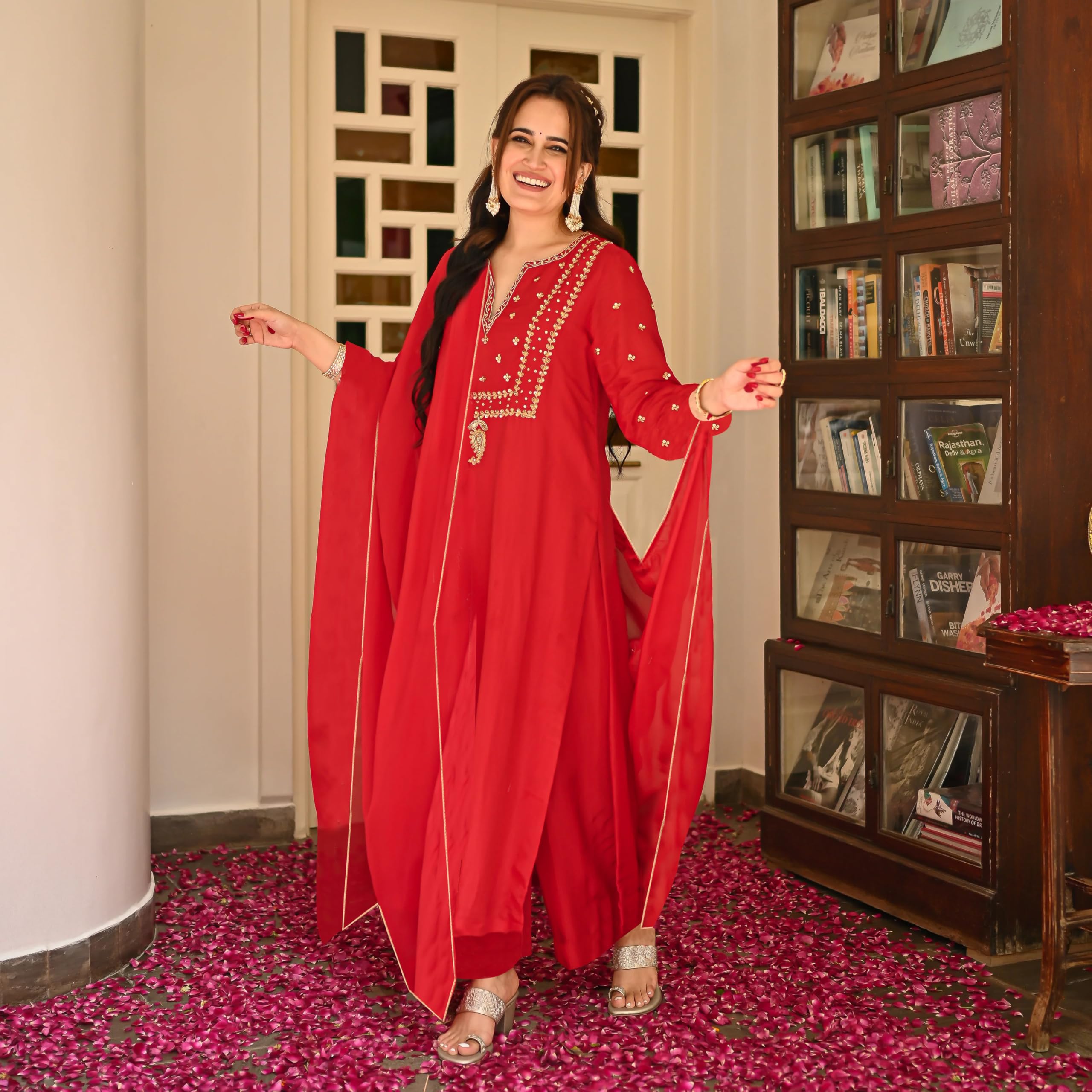 ANNI DESIGNER Womens Rayon Blend Straight Embroidered Kurta with Pant & Dupatta (SIMMU RED_M_Red_Medium)