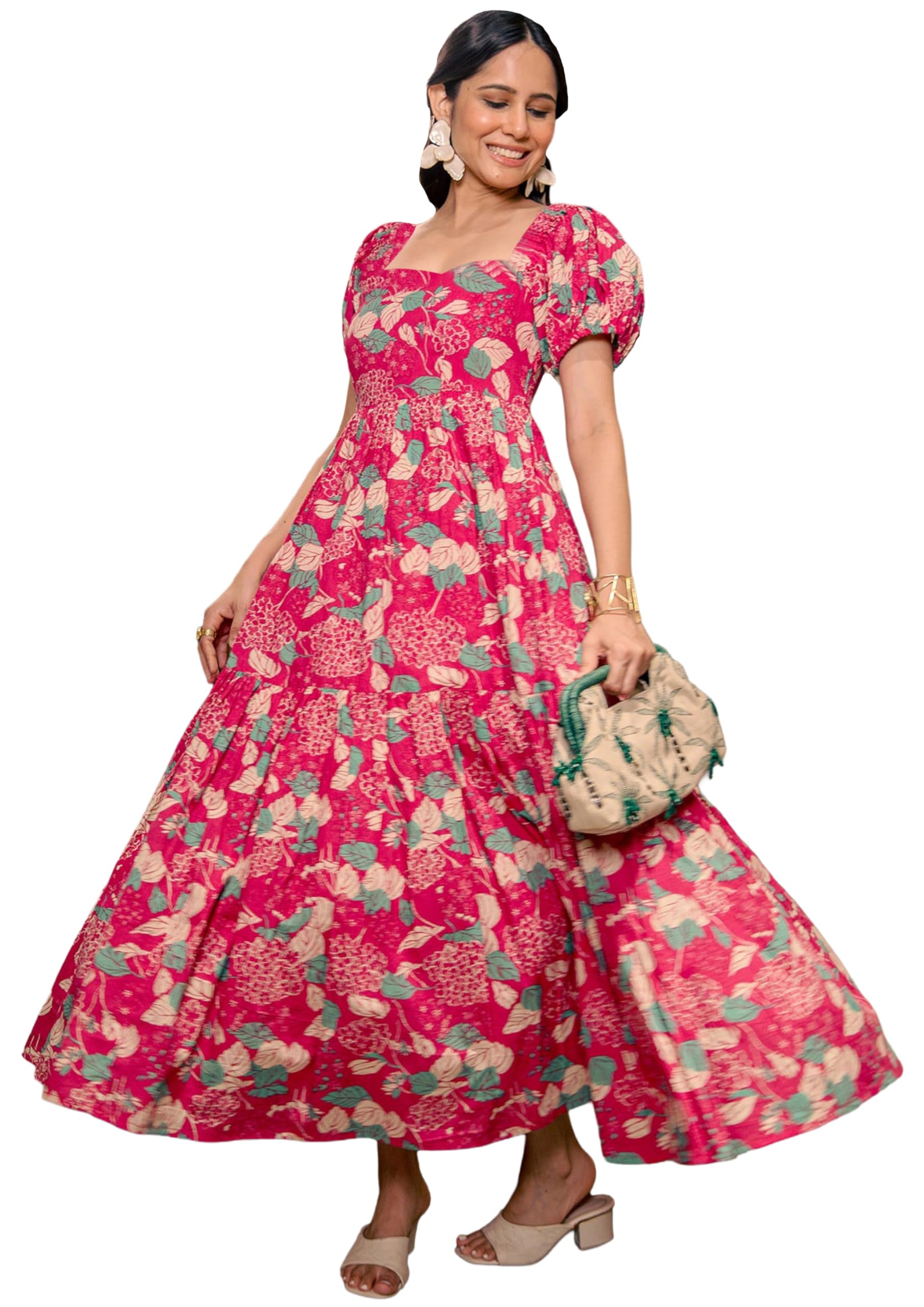 ANNI Designer Womens Rayon Printed Round Neck Long Maxi Dress (Danish PINK-VKS01_S_Pink_Small)