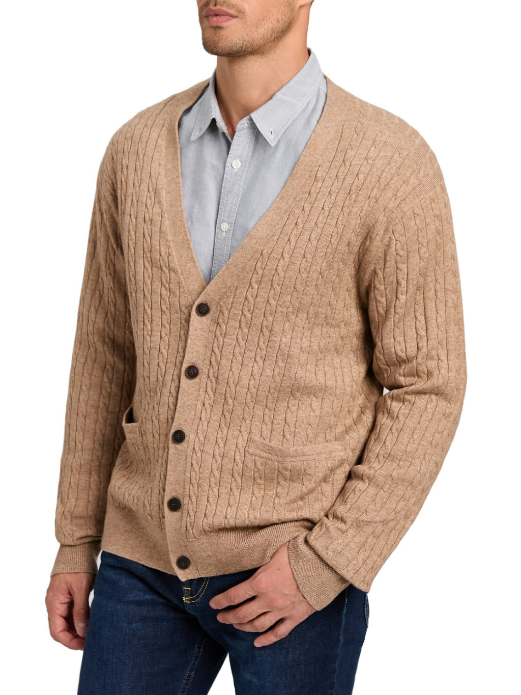 Kallspin Men's Cardigan Sweater Cashmere Wool Blend Cable Knit V Neck Buttons Cardigan with Pockets(Coffee, 3X-Large)