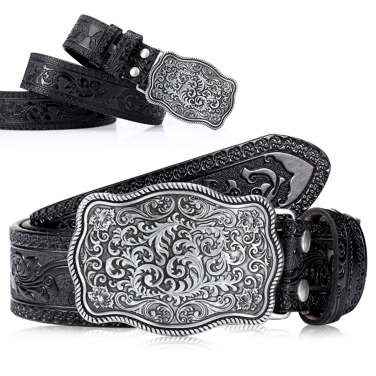 Xuniea Mens Cowboy Western Leather Buckle Belt Engraved Floral Buckle Belt Vintage Embossed Belt, 11/2 Inch Wide, Black, 43 Inc 43