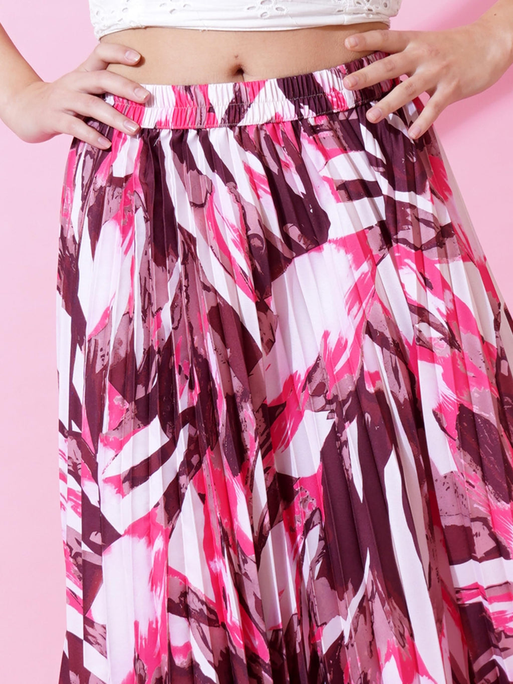 Kzully | Printed Pleated Long Skirt Versatile Elegance For Every Occasion Pink