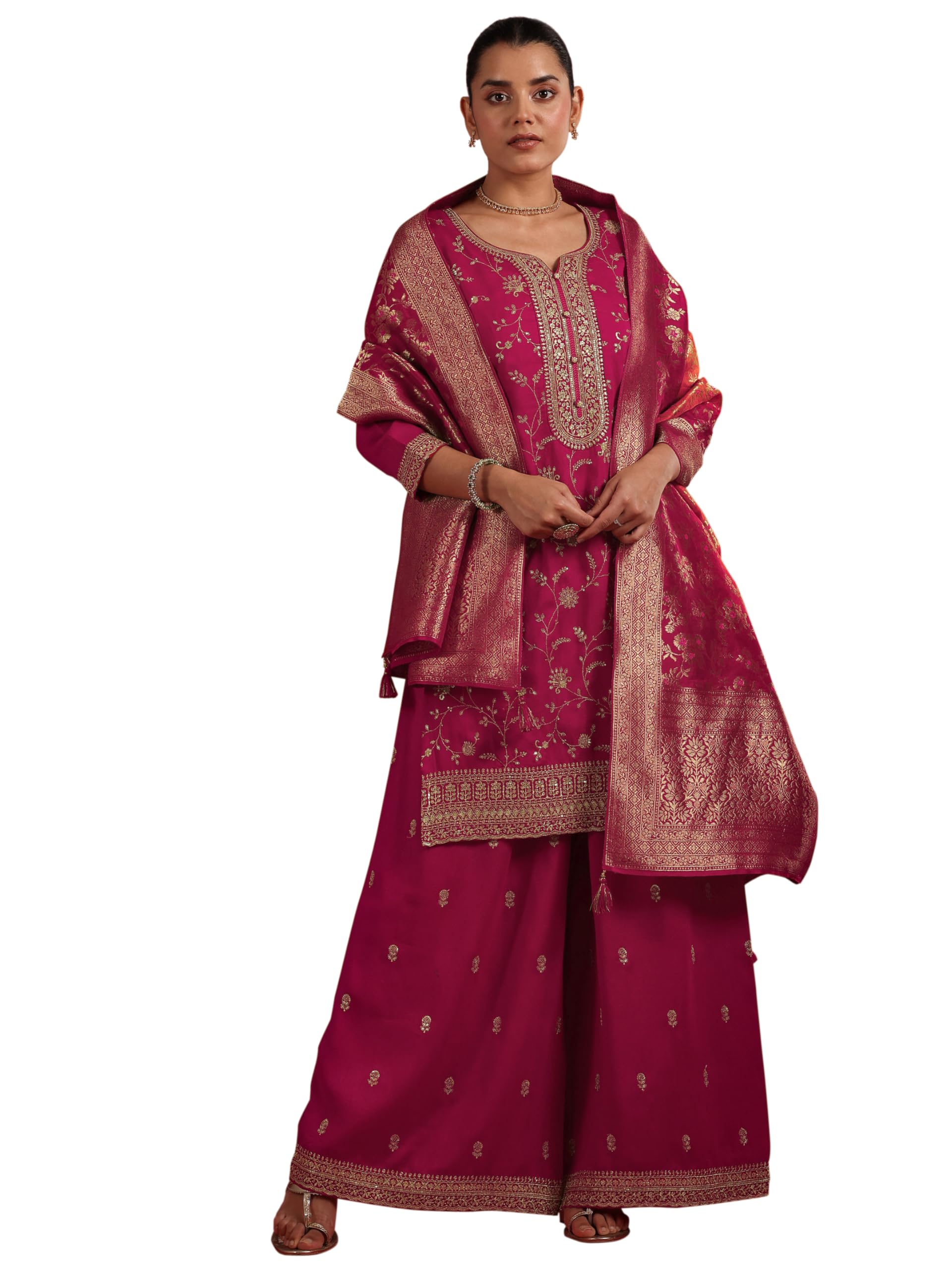 Libas Art Womens Woven Design Silk Blend Straight Kurta With Palazzos and Dupatta