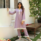 Gosriki Women'S Rayon Viscose Straight Yoke Design Lace Kurta With Pant